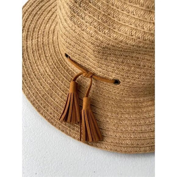 Olsenboye‎ Tan Straw Paper Fedora Hat With Leather Tassels - Picture 3 of 4